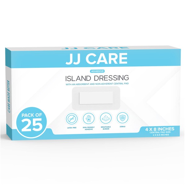 JJ CARE Adhesive Island Dressing [Pack of 25], 4” x 8” Sterile Island Wound Dressing, Breathable Bordered Gauze Dressing, Individually Wrapped Latex Free Wound Bandages with Non-Stick Central Pad