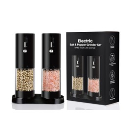 Tyzine 2Pack Electric Salt & Pepper Grinder Set One-Touch Operation Adjustable Coarseness Ceramic Grinding Core USB Rechargeable with LED Light for Kitchen, Restaurant, Outdoor, Black (black+black)