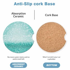 Teal Sparkle 2 Pack Car Cup Holder Coaster Anti Slip Insert Absorbent Ceramic Car Coaster with Cork Base and Finger Notch Cute Car Accessories Interior for Women Men