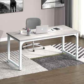 NSdirect 63" Large Computer Desk,Modern Simple Style PC Table Office Desk Wide Workstation for Study Writing,Gaming and Home Office,Extra 1" Thicker Wooden Tabletop and Black Metal Frame,Stone White