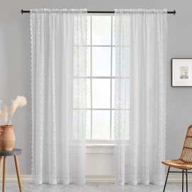 Kotile Lace Curtains for Windows - White Voile Curtains 54 Drop for Bedroom, Privacy Light Fliter Rose Floral Net Curtains for Kitchen, Slot Top Net Sheer Curtains 52 x 54 Inch Drop, 2 Panels, White
