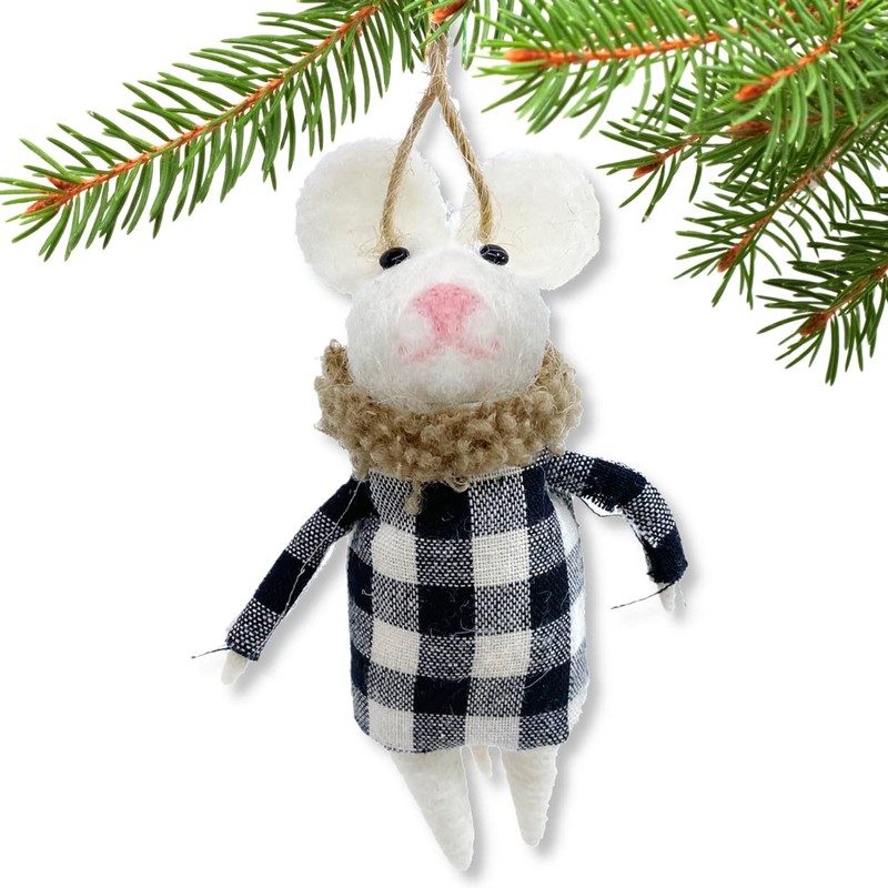White Mouse Ornament - Wool Decoration for Christmas Tree, Black
