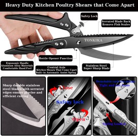 TONKIKA Heavy Duty Kitchen Scissors for Food, Poultry, Chicken, Bone Cutting - 10.2-Inch, Black