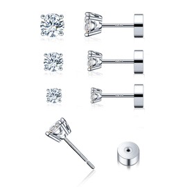 3 Pairs Moissanite Flatback Stud Earrings for Women, 925 Sterling Silver Hypoallergenic Flat Back Cartilage Earrings Set, 18K White Gold Plated (3,4,5mm)