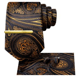Hi-Tie Ties for Men Neck Tie Pocket Square Set Wedding Formal Cufflinks Tie Clip 4PC Formal Suit Tie Set,Black Gold Paisley
