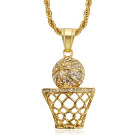 NEGS CZ Fully Basketball Hoop Pendant Stainless Steel Necklace For Men Women, 24 Inch Rope Chain Hip Hop Sports Jewelry Gift (Basketball Shining)