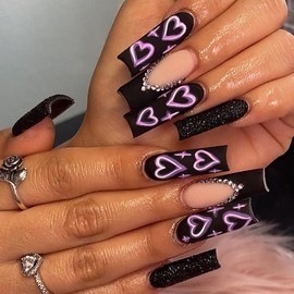 MISUD Press on Nails Long Square Fake Nails Matte Glue on Nails Black French Tip Acrylic Nails Squoval Bling Glitter Artificial Nails Love Heart Stick on False Nails with Rhinestone Design 24 pcs