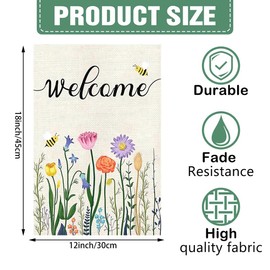 DMERBYL Welcome Spring Summer Floral Garden Flag 12x18 Double Sided, Burlap Small Vertical Bee Spring Garden Yard Flags for Outside Outdoor House Seasonal Decoration (ONLY FLAG)