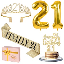 YeohJoy 21st Birthday Decorations for Her Include 21st Birthday Tiara and Finally 21 Sash , 21st Birthday Cake Topper and 21 Birthday candles, Gold 21 Balloons, 21st Birthday Gifts for Her Set (Gold)