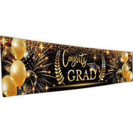 Congrats Grad Banner for Prom - Congratulations Banner - Congratulations Decorations - Well Done - We Are So Proud of You - 180 x 40cm (Black and Gold)