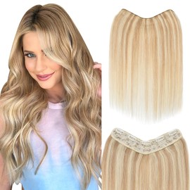S-noilite Real Human Hair Blonde Highlights One Piece Clip in Hair Extensions 3/4 Full Head Clip on Remy Hair Extensions for Women Straight V Shaped Weft Invisible Clip in Hair Extensions(18",18P613)