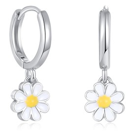 Daisy Flower Hoop Earrings for Women Enamel Gold Plated Floral Drop Dangle Earring Small Huggie Hoops Charms Holiday Birthday Jewelry Gifts for Sister Niece (Silver Plated)