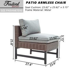Festival Depot Patio Armless Chairs Outdoor Furniture with Woven Wicker Rattan, Metal Frame and Comfy 3.1" Thickness Cushions for Garden Deck Porch Poolside Backyard