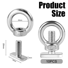 Forbabe Pack of 10 Ring Nuts M8 and Hammer Head Screws M8 x 20 mm Stainless Steel Eye Bolt for Attaching and Supporting Objects (M8 x 20 mm)
