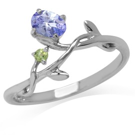 Silvershake Genuine Tanzanite and Peridot White Gold Plated 925 Sterling Silver Vine Leaf Ring Size 8
