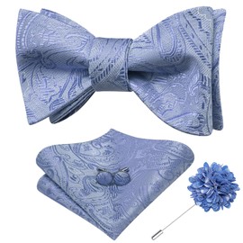 Dubulle Dusty Blue Bow Tie Mens Flower Flroal Self Tie Bowtie and Lapel Pin Pocket Square Set for Men Wedding Suit