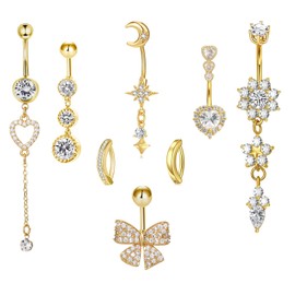 ALYXUY 8 Pcs Belly Button Ring for Women,14K Gold Plated Belly Button Rings Dainty Surgical Belly Button Piercing Kit for Women Navel Piercings Pack Jewelry (Gold)