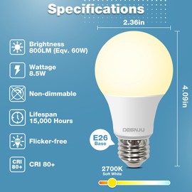 DEGNJU A19 LED Light Bulbs, 60 Watt Equivalent LED Bulb, 2700K Warm White 800Lumen Light Bulb 8.5W, Non-Dimmable Lighting E26 Base, CRI 80+, 15000+ Hours Lifespan, Pack of 24