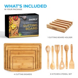 SMIRLY Wood Cutting Boards for Kitchen - Bamboo Cutting Board Set, Chopping Board Set - Wood Cutting Board Set with Holder - Wooden Cutting Board Set (Large & Small) Wooden Cutting Boards for Kitchen
