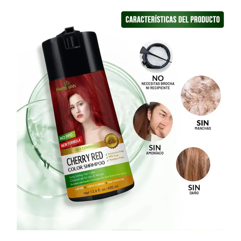 Shampoo Tinte Cubre Canas Rojo Cereza Herbishh 400ml
