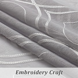 VISIONTEX Moroccan Embroidery Sheer Curtains Light Grey Damask Texture Geometric Rod Pocket Voile Tulle Semi Window Treatment Panels Pair, 2 Pieces 54 x 95 inch