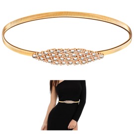 Neyauo Women Skinny Stretch Metal Waist Belt, Thin Elastic Chain Belt for Dress, Rhinestone Belts gold Belts for Women