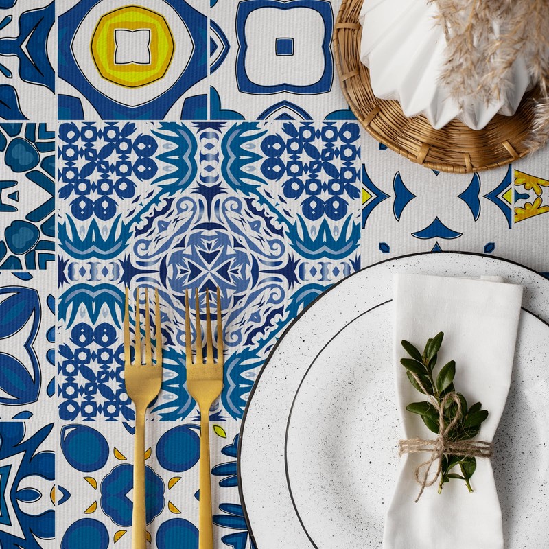 AIBIIN 142x213cm Blue Tablecloth Moroccan Tiles Patchwork Style Rectangular Table