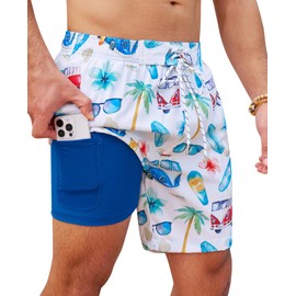 Milin Naco Mens Swim Trunks 7" Compression Liner Quick Dry 2 in 1 Board Shorts with Zip Pockets Bathing Suits for Men