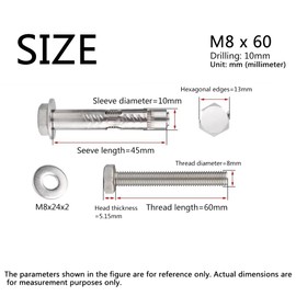 Leliafleury M8*60 Expansion Screw Bolts 4Pcs Stainless Steel Anchor Bolts External Hex Nut Expansion Sleeve for Wall Brick Concrete Masonry Fixings