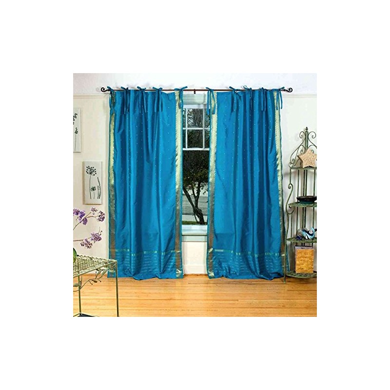 Indian Selections Turquoise Tie Top Sheer Sari Curtain/Drape/Panel - 43W