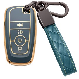 for Ford Key Fob Cover Soft TPU with Leather Keychain Keyless Protection Key Fob Case Fit for 2018-2025 Ford Explorer Bronco F150 Mustang Ranger Escape Edge Expedition Fusion 4 Button, Gray