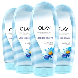 Olay Body Wash for Women, Moisture Ribbons Plus, Deep Conditioning & Moisturizing Formula, Long Lasting Smooth Soft Skin, For All Skin Types, Shea Butter & Blue Lotus Scent, 18 fl oz (Pack of 4)