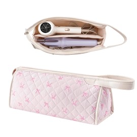 RSRSLEII Large Quilted Hair Tools Travel Bag,Aesthetic Hair Styling Accessories Storage Case for Flat Irons,Straightener,Curling Iron,Hair Dryer,Dyson Airwrap Travle Bag,Portable Organizer（03Pink Bow）