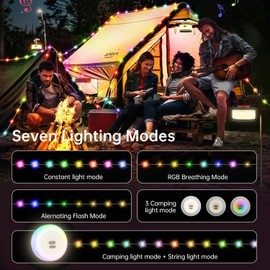 Camping String Lights, Camping Essentials Gear 32.8FT Lamp Lights Waterproof, 3 in 1 Outdoor String Lights with 7 Modes for Awn Tent Yard Garden Hiking Travel Decoration and Holiday Christmas Gift
