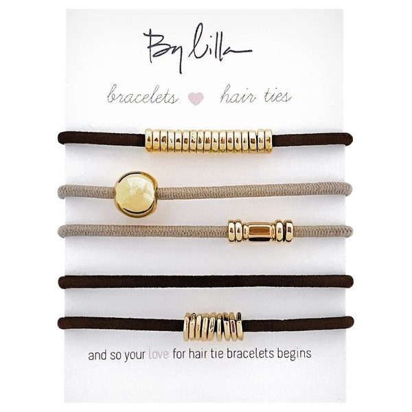 By Lilla Downtown Mini Stack Ponytails Hair Ties and Bracelets - Set of 5 Hair Tie Bracelets - Hair Ties for Women - No Crease Hair Ponytails & Women’s Bracelets (Black / Gold / Nude / Brown)