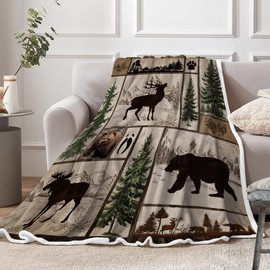 Rustic Cabin Throw Blanket, Farmhouse Country Black Bear Deer Moose Forest Woodland Fleece Blanket, Hunting Cabin Soft Flannel Throw Blanket for Chair Bed Sofa Couch Office, 50X60IN