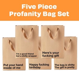 MilkToast Brands Funny Profanity Gift Bag Set – 5-Piece Medium Brown Kraft Paper Bags with Hilarious Snarky Sayings – Gag Gift Wrapping for Birthdays, Holidays, White Elephant Exchanges (11 x 8 x 4 in.)
