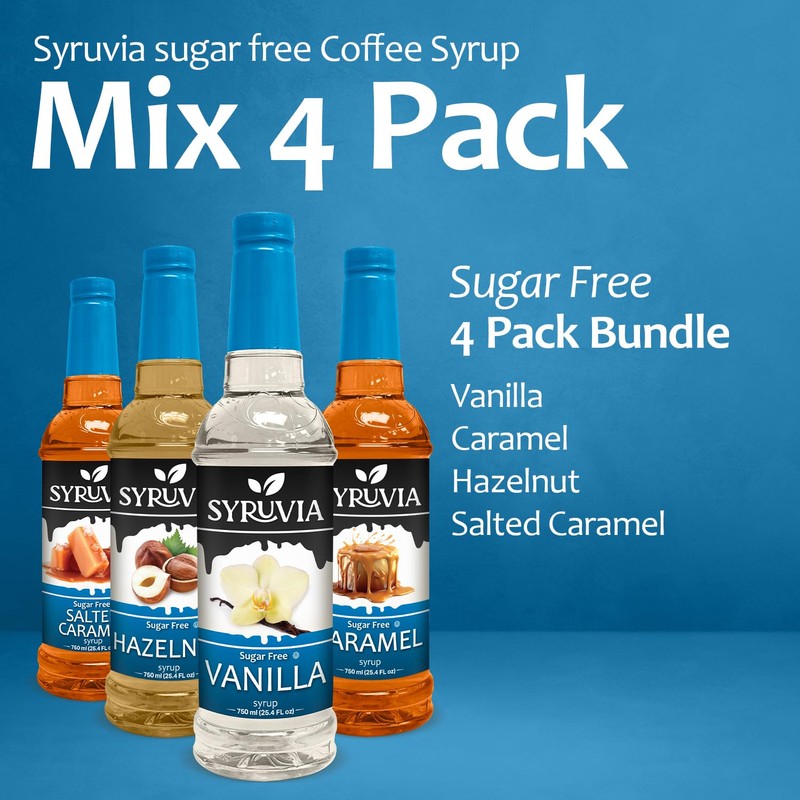 Syruvia Coffee Syrup Variety Pack Sugar Free Vanilla, Caramel, Hazelnut