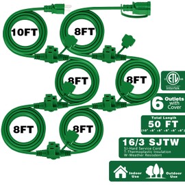 KASONIC Outdoor Extension Cord 50 FT, Evenly Spaced 6 Outlets Plugs, 16/3 SJTW Weatherproof Multiple Outlets Wire for Landscaping Light, Holiday Decoration and Christmas, ETL Listed, Green