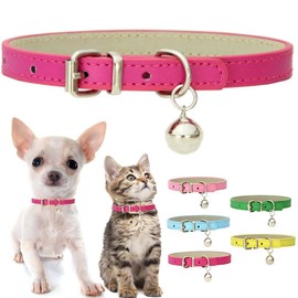 Hot Pink XXS Dog Collar with Bell, Soft Pu Leather Cat Collars Adjustable Buckle for XS Extra Small Medium Tiny Female Girls Pets Puppy Kitten Teacup Yorkie XX-Small