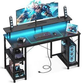 ODK 48 inch Computer Desk with Power Outlets & LED Lights, Gaming Desk with Monitor Stand & Storage Shelves, Home Office Desk, Carbon Fiber Black