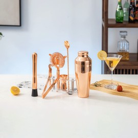 Btuqbu Cocktail Shaker Set with Arcylic Stand, Mixology Bartender Kit for Drink Mixing | Mixology Set with 7 Bar Set Tools Cocktail Kit (Rose Gold)