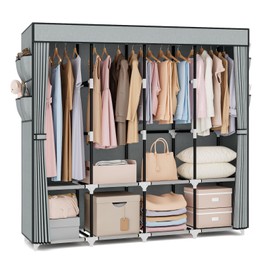 VTRIN Portable Closet for Hanging Clothes 67 Inch Wide Large Capacity Portable Wardrobe Closet with Cover, 4 Storage Shelves and 4 Hanging Rod Sturdy Free Standing Closet for Bedroom, Grey
