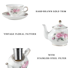 Sweejar Porcelain Tea Set, Vintage British Floral Relief Gold Rimmed Teapot Cup and Saucer Set, Tea Set Service for 6, with Teapot, Sugar Bowl, Milk Jug, Spoons, Tea Cup and Saucer (Pink Flower)