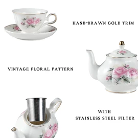 Sweejar Porcelain Tea Set, Vintage British Floral Relief Gold Rimmed Teapot Cup and Saucer Set, Tea Set Service for 6, with Teapot, Sugar Bowl, Milk Jug, Spoons, Tea Cup and Saucer (Pink Flower)