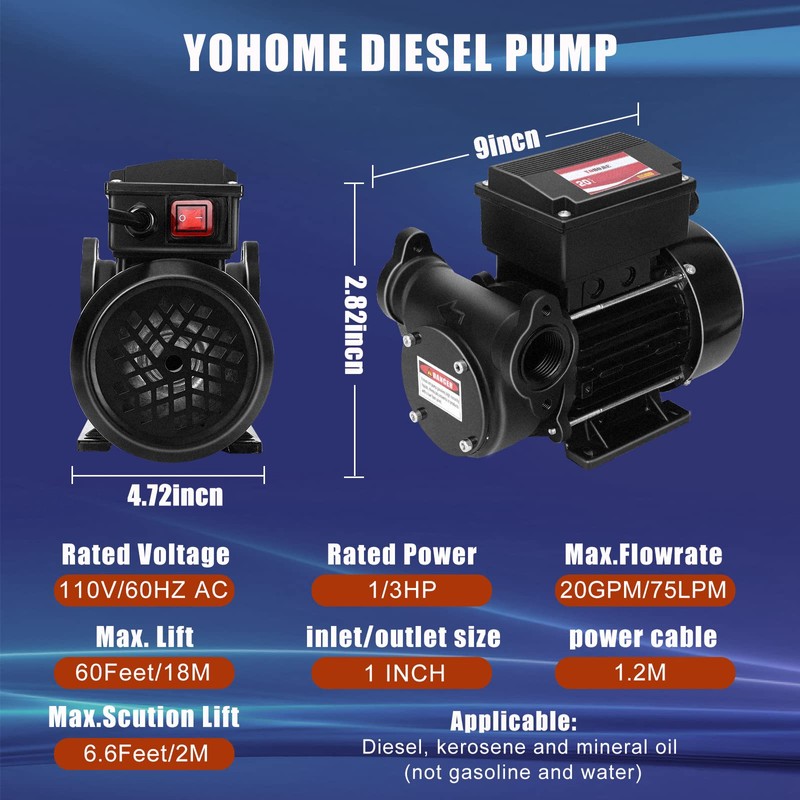 YOHOME Diesel Transfer Pump 110V 20GPM Oil Transfer Pump -