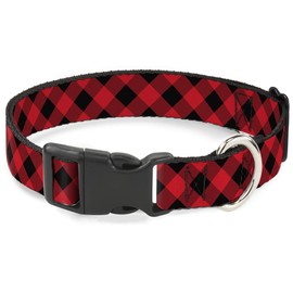 Buckle-Down PC-W30432-NM Dog Collar Plastic Clip Buckle, 1/2"x9"-15", Diagonal Buffalo Plaid Black/Red