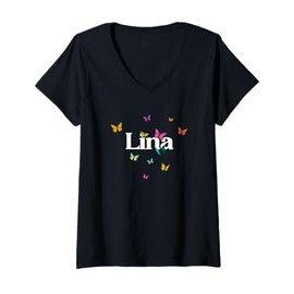 Womens LINA - Adorable girl name with colorful Butterlies V-Neck T-Shirt