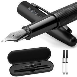 Nicpro Fountain Pen Set, Classic Black Fancy Pen, 0.5mm Fine Nib with Ink Refill Converter, Metal Pen Case, Smooth Writing Calligraphy Refillable Pen Gift for Men Women Professional, Office, Business
