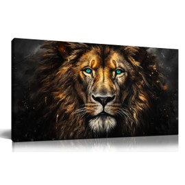 SKYRISE Canvas Wall Art Decor - Golden-Brown Lion with Blue Eyes Wildlife Wild Animal Picture Print Artwork - Ideal Teen Bedroom Home & Office Wall-Decoration, Size 40x20 Inches